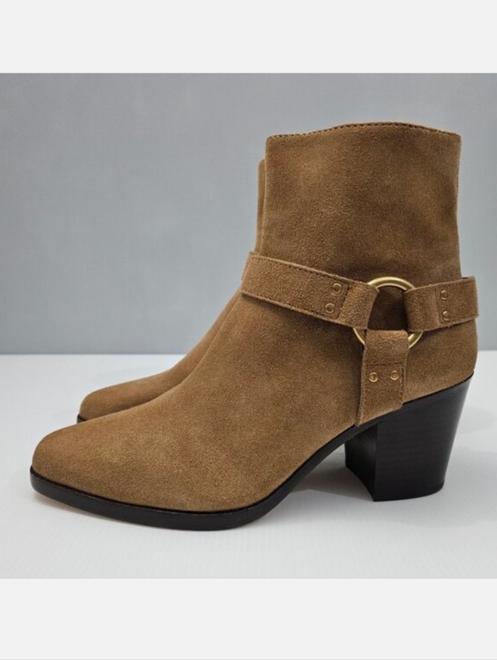 NEW Paige Edie Ankle Boot Womens 9.5 Tan Suede Harness Western Block Heel